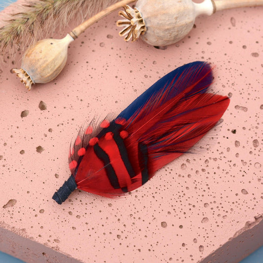 Navy Blue and Red Feather Boutonniere | Duck Feather Pin | Feather Hat Pin