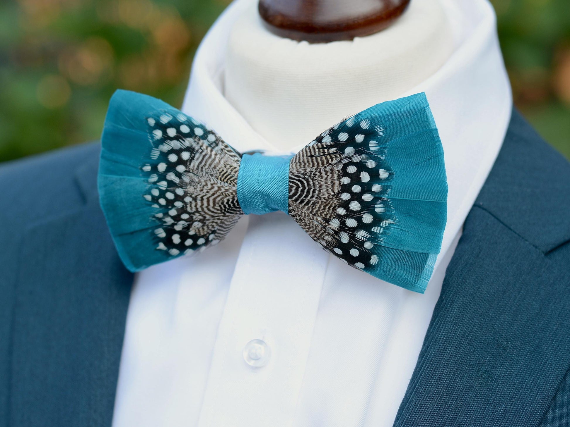 Feather Bow Tie in Teal Blue and Polka Dot | Grooms Outfit | Feather Neck Tie | Mens Gift | Black Tie | Wedding | Pheasant Feather Bow Tie