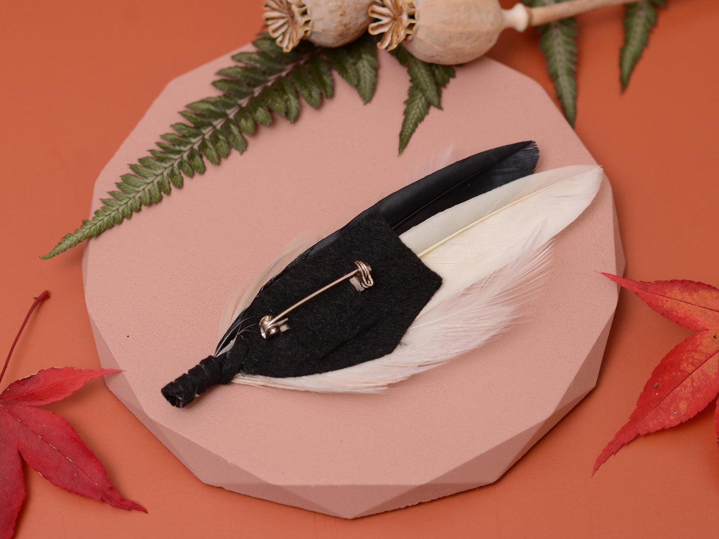 Monochrome Black and Ivory Peacock Feather Lapel Pin Brooch | Feather Boutonniere | Feather Brooch | Feather Lapel Pin