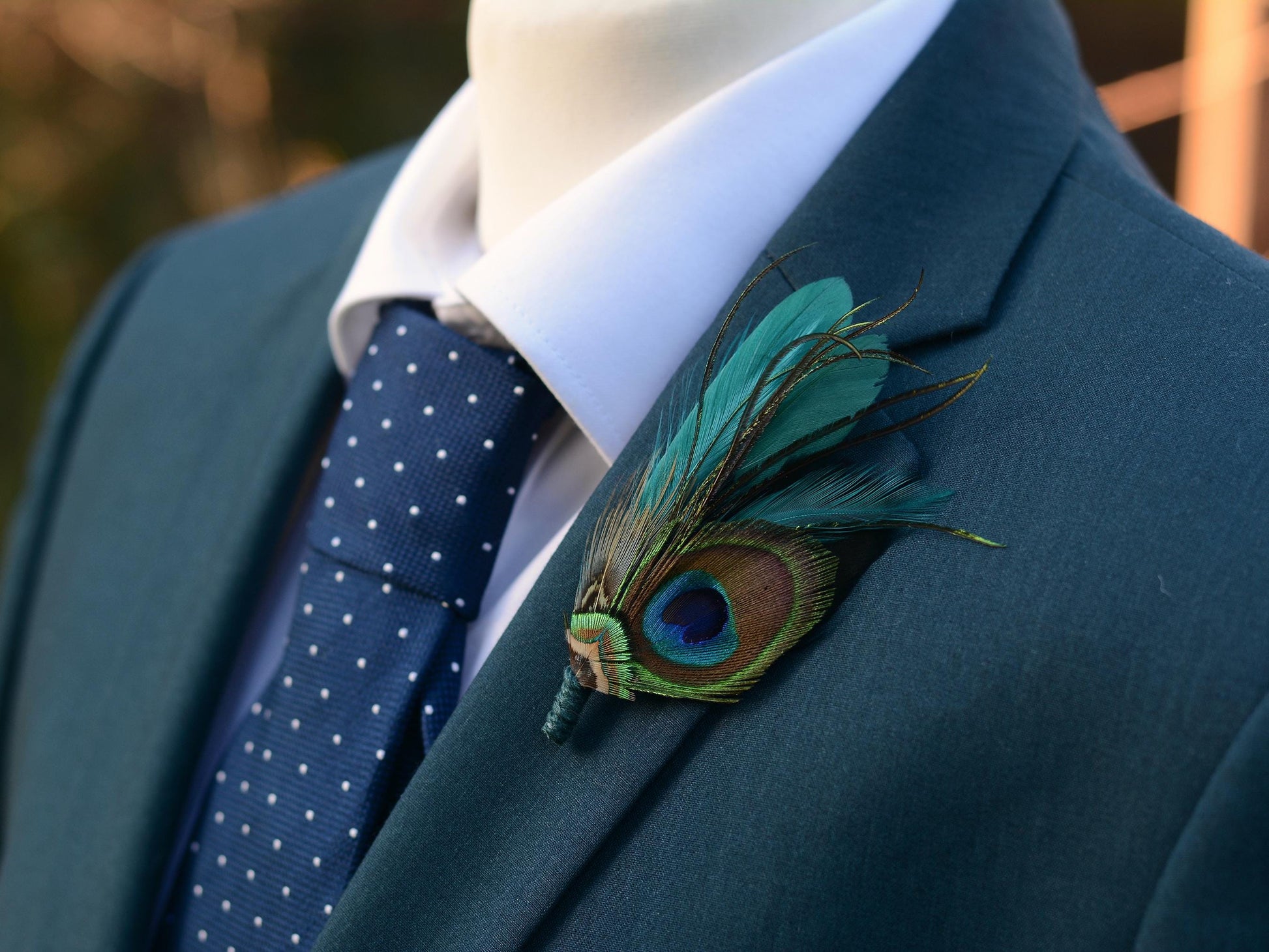 Teal and Green Peacock and Pheasant Feather Lapel Pin | Peacock Feather Boutonniere | Peacock Feather Brooch