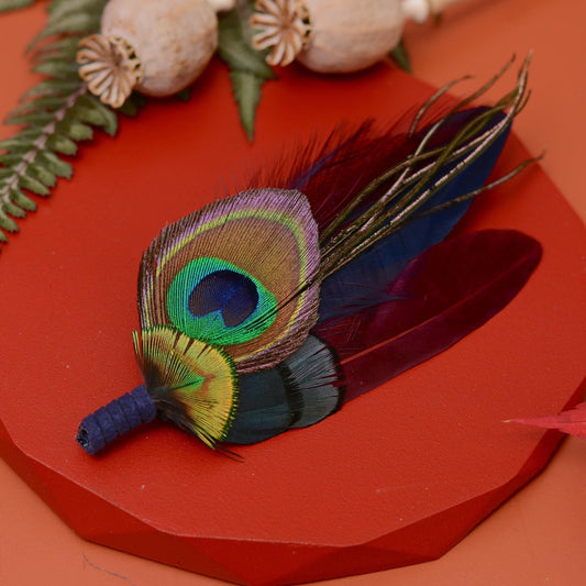 Burgundy and Navy Peacock Feather Boutonniere Pin / Hat Pin