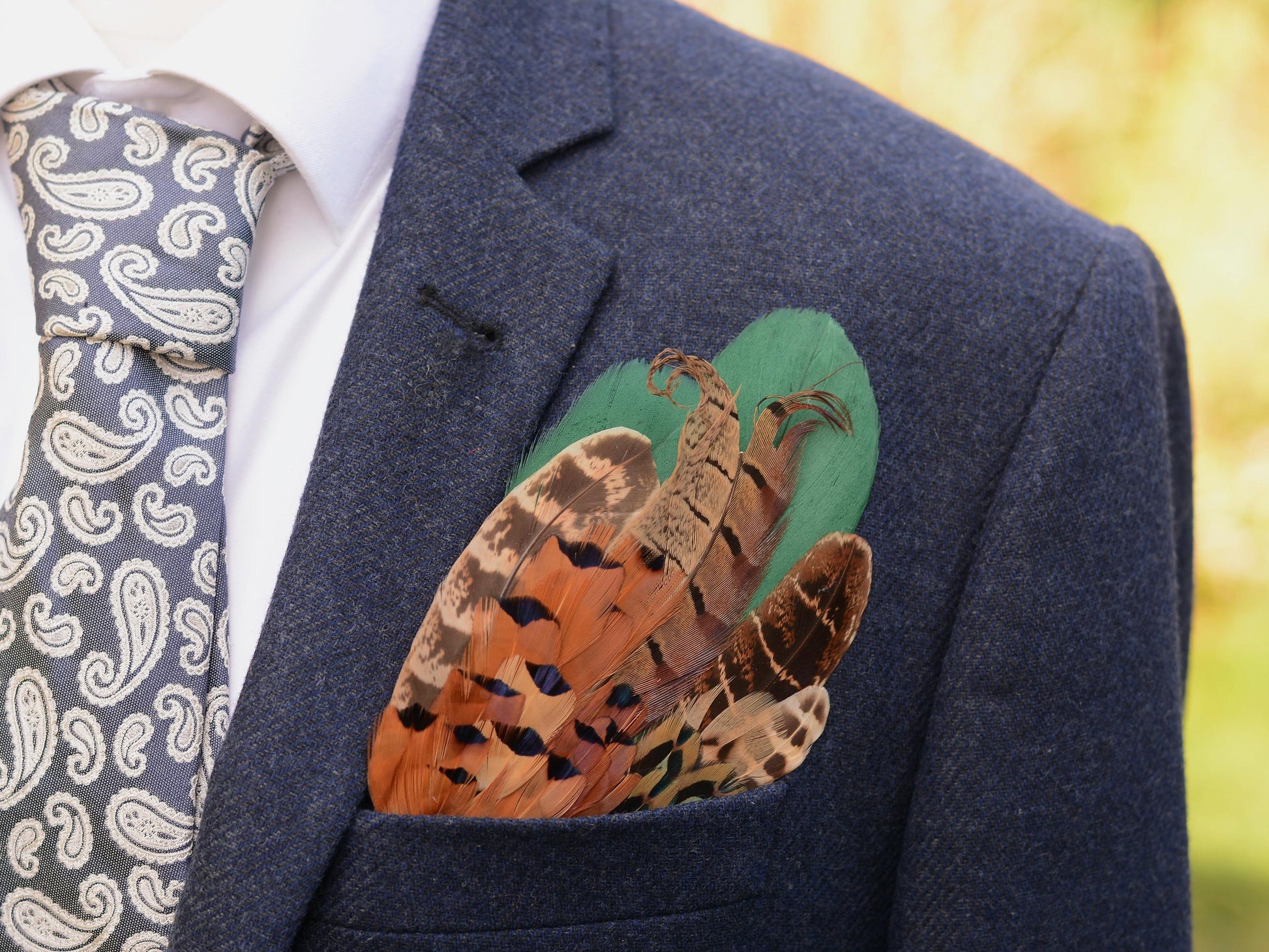 Green and Copper Pheasant Feather Pocket Square No.197 | Suit Accessory | Feather Neck Tie | Grooms Outfit | Groomsmen Gift