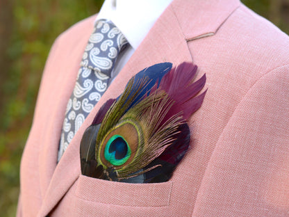 Plum, Navy and Peacock Feather Pocket Square No.180 | Suit Accessory | Feather Neck Tie | Grooms Outfit | Groomsmen | Wedding