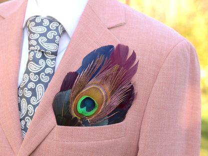 Plum, Navy and Peacock Feather Pocket Square No.180 | Suit Accessory | Feather Neck Tie | Grooms Outfit | Groomsmen | Wedding