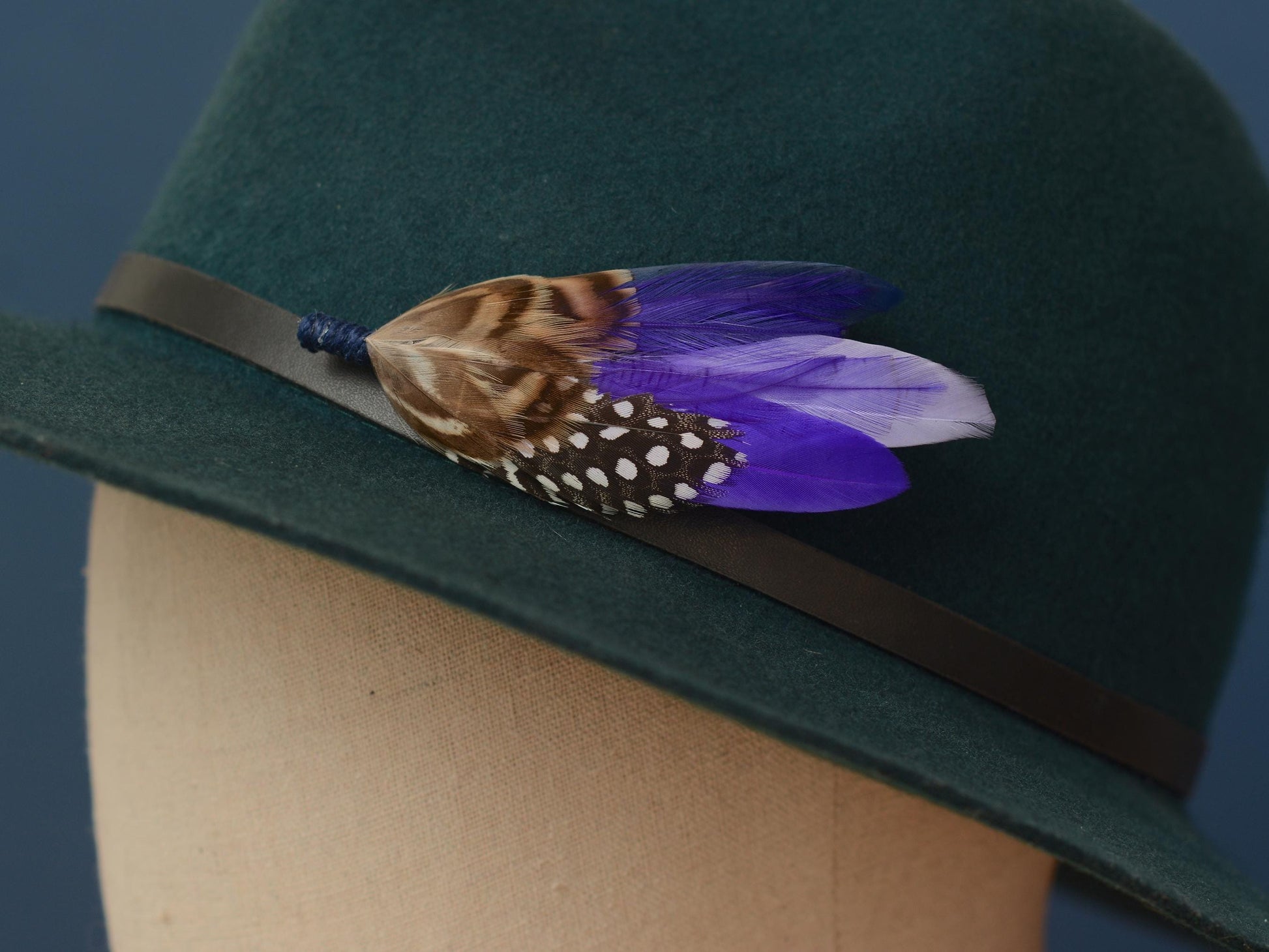 Navy Blue and Purple Polka Dot Feather Lapel Pin | Pheasant Feather Boutonniere | Feather Brooch | Feather Hat Pin