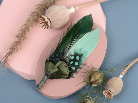 Shades of Green Feather Pin | Duck Feather Boutonniere | Pheasant Feather Brooch | Feather Hat Pin