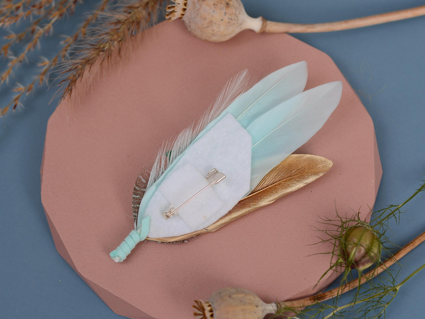 Feather Brooch Pin in Gold and Mint Green | Duck Feather Boutonniere | Feather Hat Pin