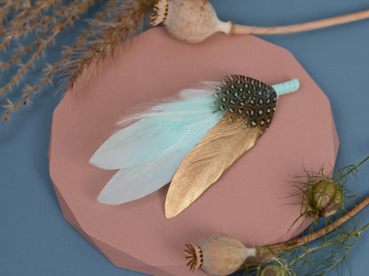 Feather Brooch Pin in Gold and Mint Green | Duck Feather Boutonniere | Feather Hat Pin