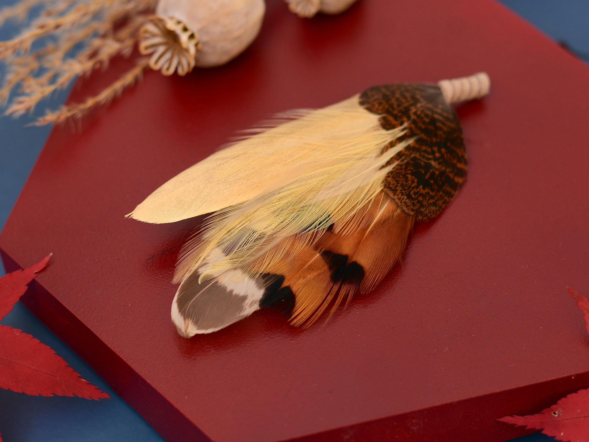 Gold and Pheasant Feather Pin | Pheasant Feather Boutonniere | Feather Brooch | Feather Hat Pin