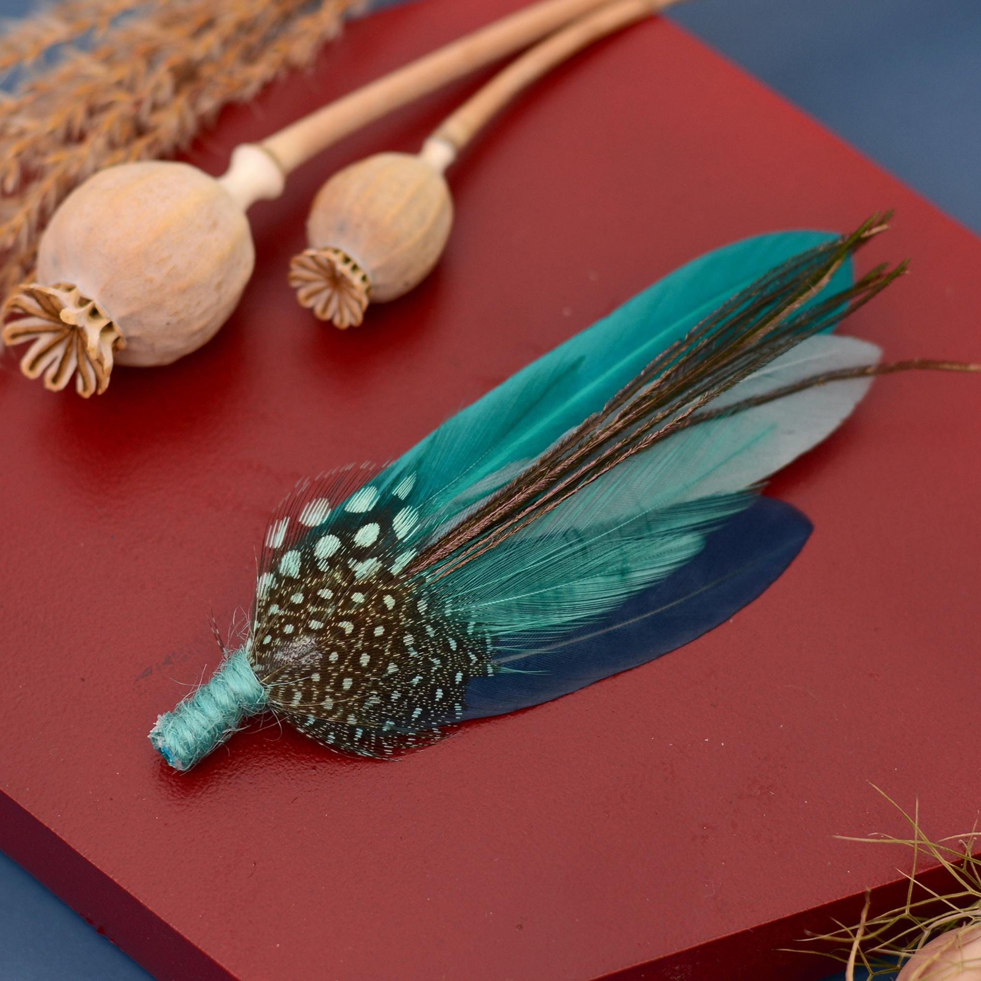Ombre Teal, Turquoise and Navy Duck Feather Lapel Pin | Duck Feather Boutonniere | Feather Hat Pin
