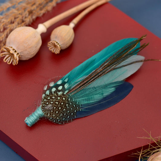 Ombre Teal, Turquoise and Navy Duck Feather Lapel Pin | Duck Feather Boutonniere | Feather Hat Pin