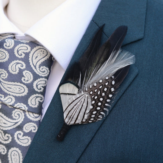 Feather Brooch Pin in Monochrome Black and White | Feather Boutonniere | Pheasant Feather Lapel Pin | Feather Hat Pin