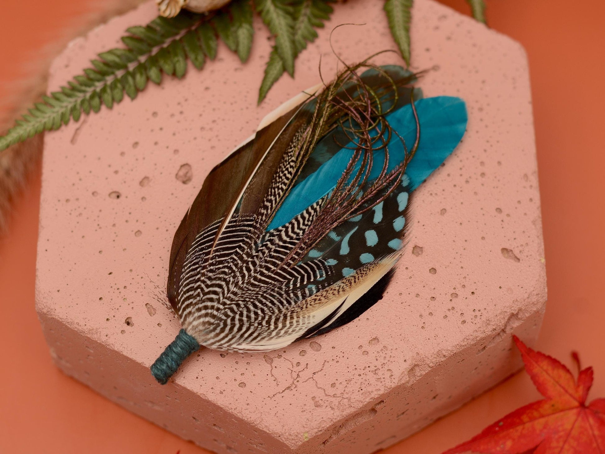 Duck Feather Brooch Pin in Teal and Turquoise No.295 | Unique Duck Feather Boutonniere | Duck Feather Hat Pin