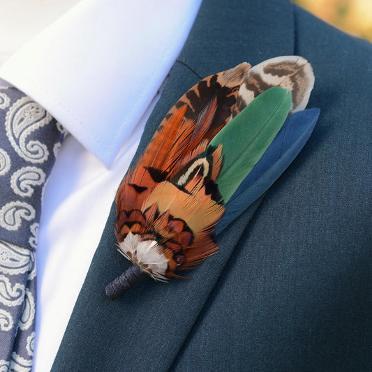 Pheasant and Duck Feather Hat Pin in Copper, Navy and Green No.246 | Unique Pheasant Feather Boutonniere | Duck Feather Brooch