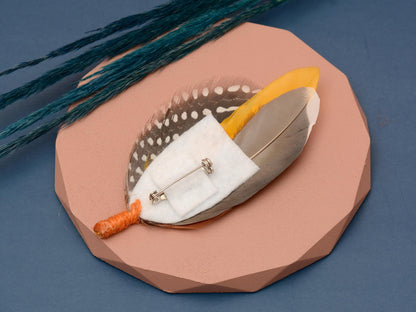 Navy Blue and Mustard Yellow Duck and Pheasant Feather Boutonniere / Feather Hat Pin