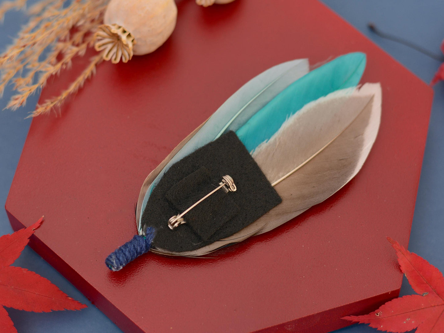 Duck Feather Brooch in Navy and Teal | Duck Feather Hat Pin | Duck Feather Boutonniere