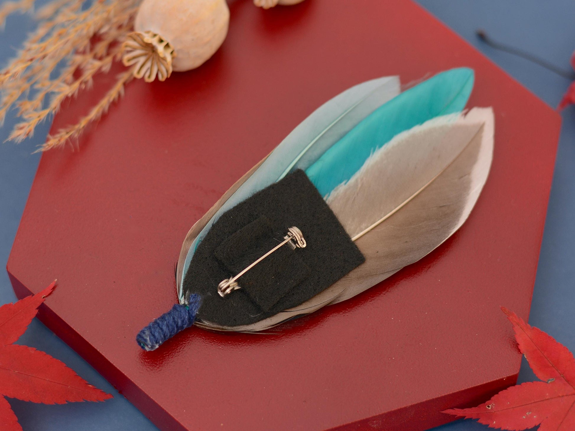 Duck Feather Brooch in Navy and Teal | Duck Feather Hat Pin | Duck Feather Boutonniere