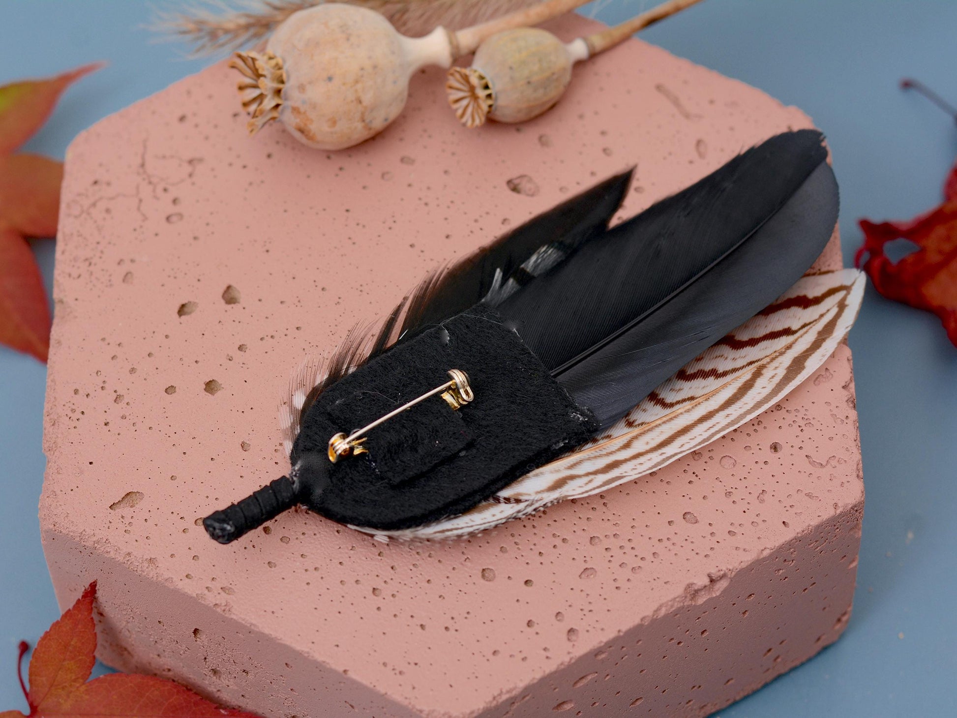 Monochrome Feather Lapel Pin Large No.1 | Feather Boutonniere | Pheasant Feather Brooch | Feather Hat Pin