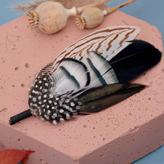 Monochrome Feather Lapel Pin Large No.1 | Feather Boutonniere | Pheasant Feather Brooch | Feather Hat Pin