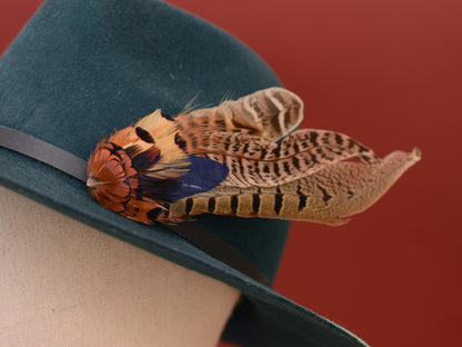 Pheasant Feather Hat Pin in Navy Blue, Copper and Blonde No.130 | Unique Feather Boutonniere | Pheasant Feather Brooch