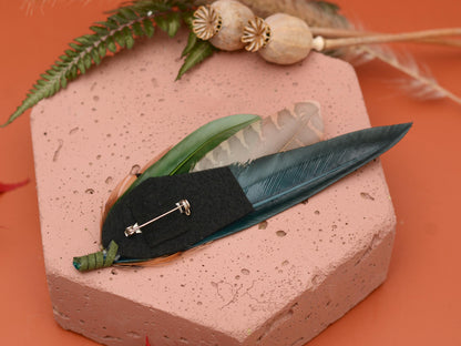 Pheasant and Duck Feather Hat Pin / Brooch in bottle Green and Copper No.272 | Unique Pheasant Feather Boutonniere | Feather Brooch