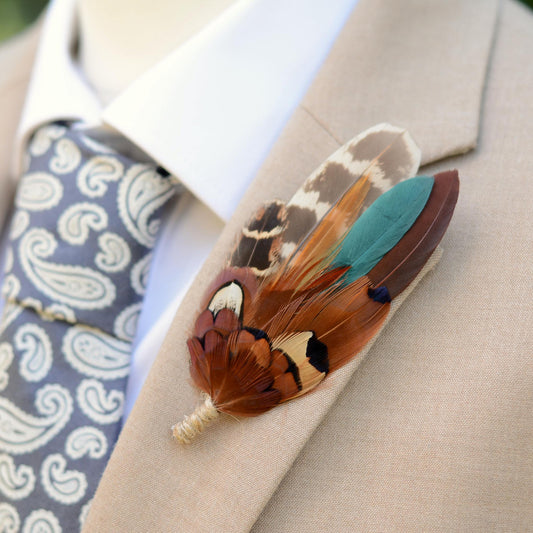 Pheasant Feather Boutonniere Brooch in Teal Green and Browns | Feather Brooch | Feather Hat Pin