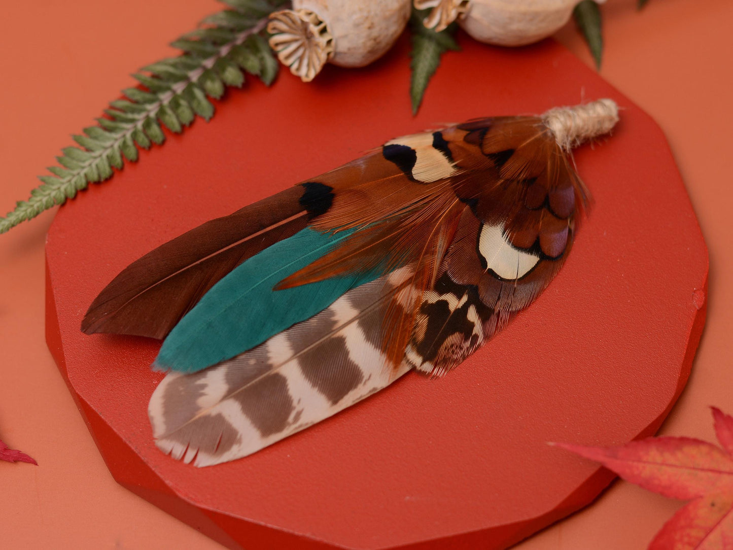 Pheasant Feather Boutonniere Brooch in Teal Green and Browns | Feather Brooch | Feather Hat Pin