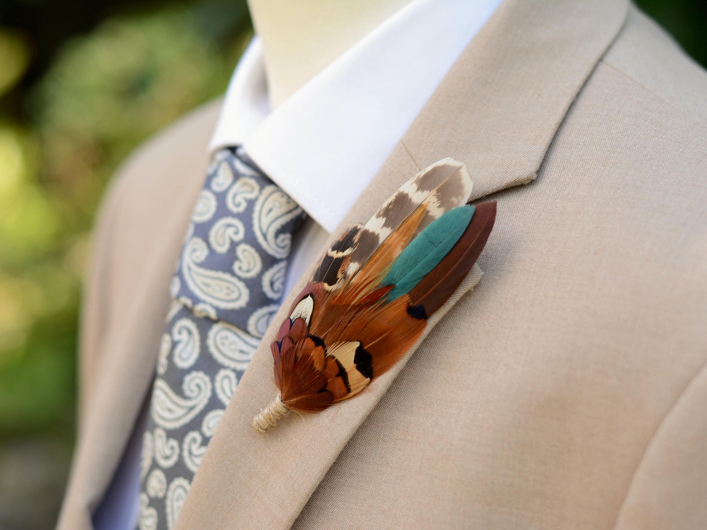 Pheasant Feather Boutonniere Brooch in Teal Green and Browns | Feather Brooch | Feather Hat Pin