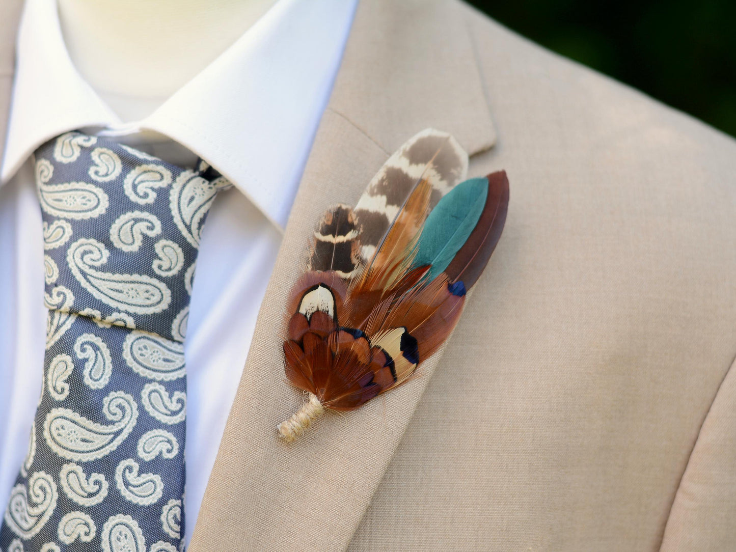 Pheasant Feather Boutonniere Brooch in Teal Green and Browns | Feather Brooch | Feather Hat Pin