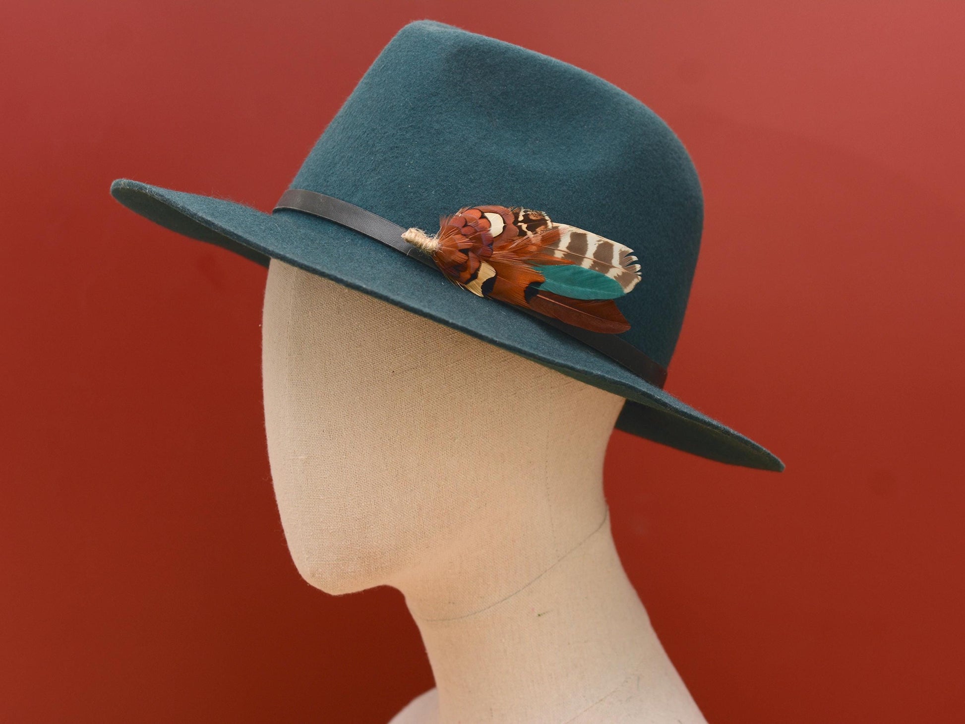 Pheasant Feather Boutonniere Brooch in Teal Green and Browns | Feather Brooch | Feather Hat Pin