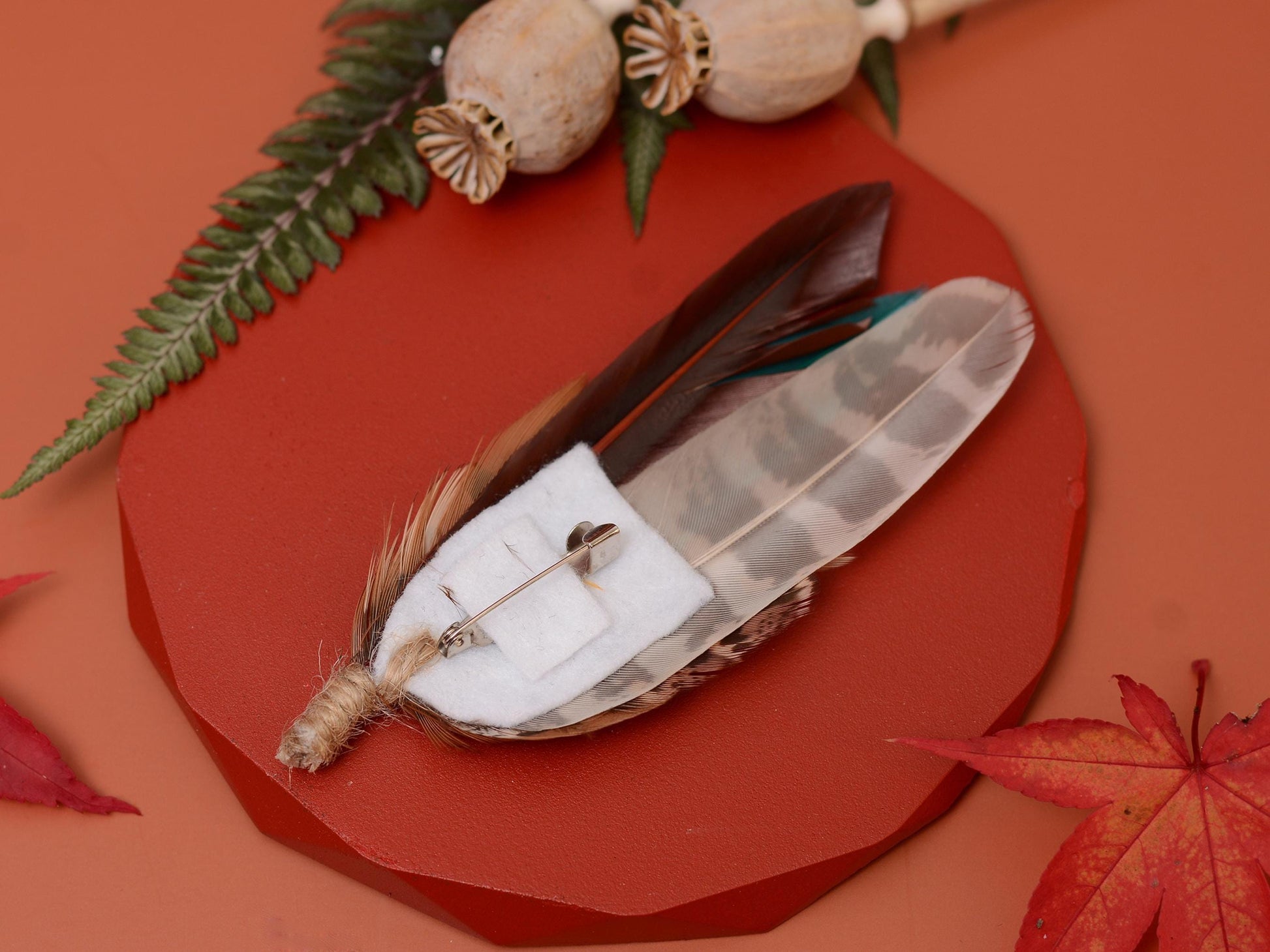 Pheasant Feather Boutonniere Brooch in Teal Green and Browns | Feather Brooch | Feather Hat Pin