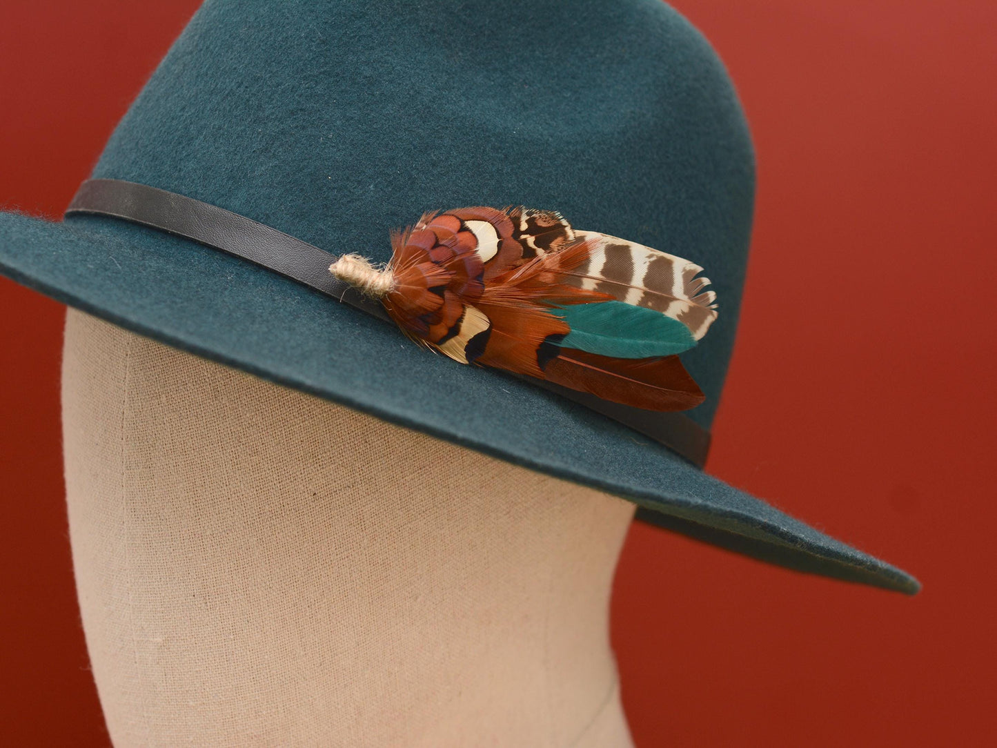 Pheasant Feather Boutonniere Brooch in Teal Green and Browns | Feather Brooch | Feather Hat Pin