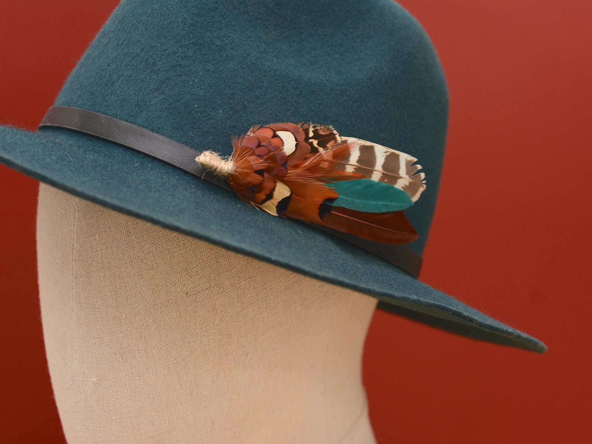 Pheasant Feather Boutonniere Brooch in Teal Green and Browns | Feather Brooch | Feather Hat Pin