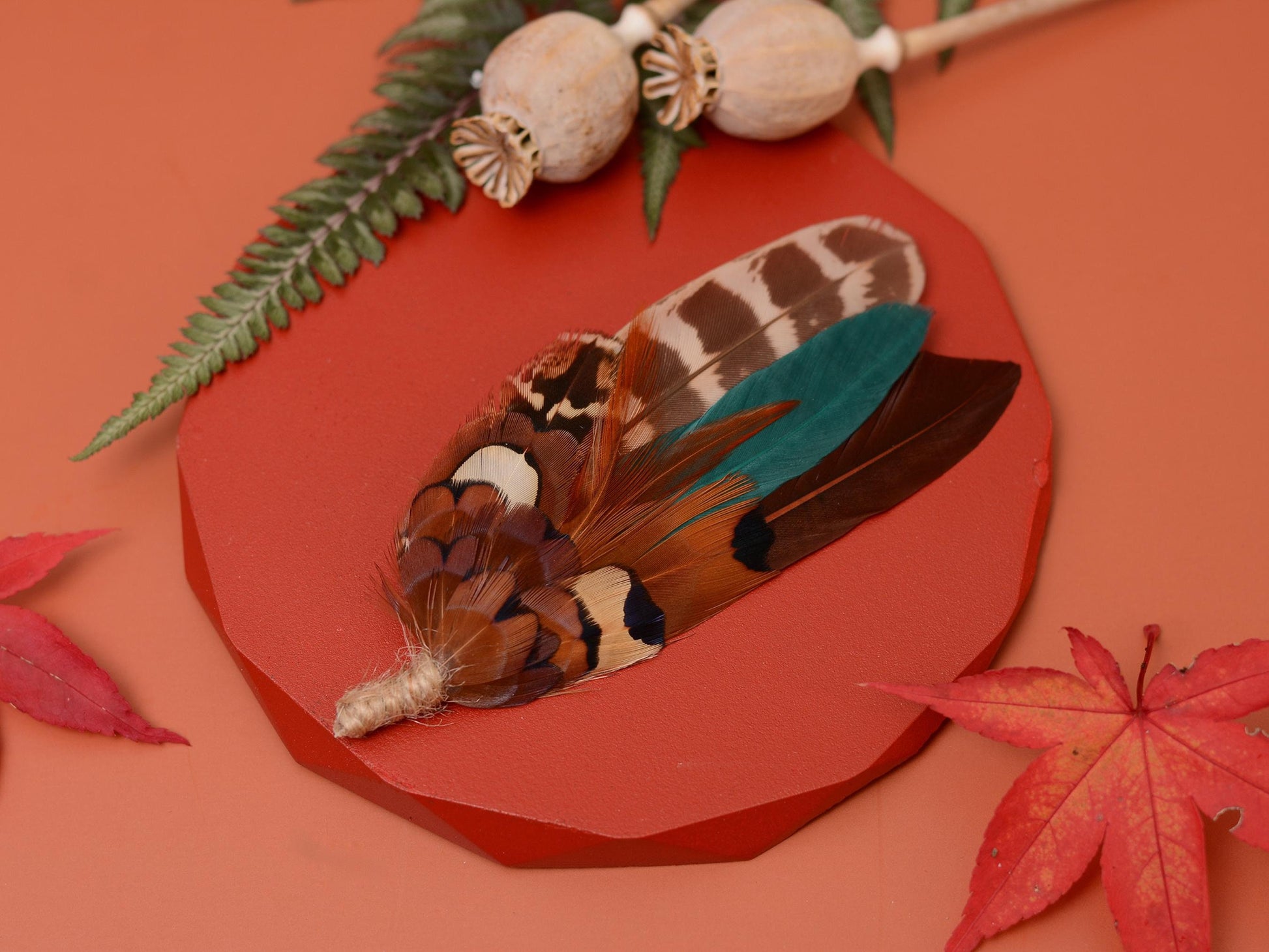 Pheasant Feather Boutonniere Brooch in Teal Green and Browns | Feather Brooch | Feather Hat Pin