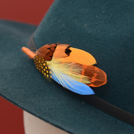 Sky Blue, Mustard Yellow, Orange and Pheasant Feather Lapel Pin | Pheasant Feather Boutonniere | Feather Brooch | Feather Hat Pin