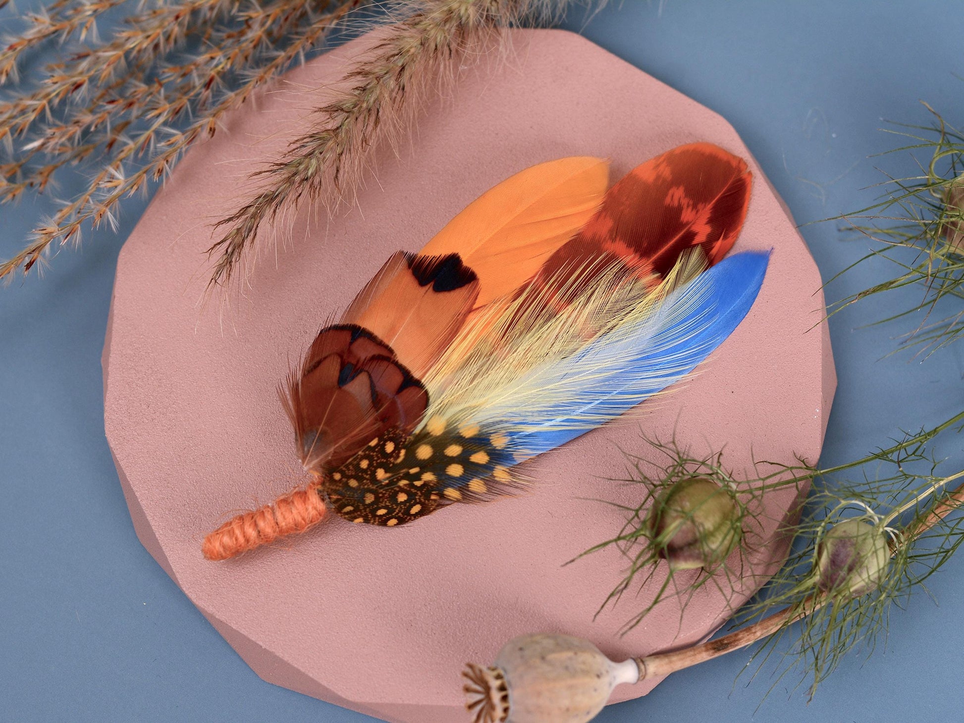 Sky Blue, Mustard Yellow, Orange and Pheasant Feather Lapel Pin | Pheasant Feather Boutonniere | Feather Brooch | Feather Hat Pin