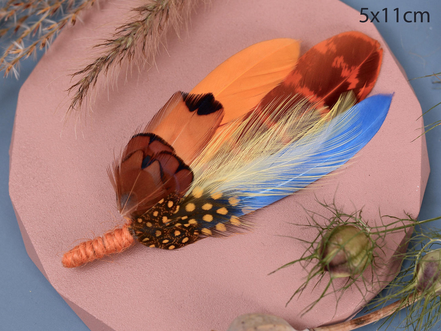 Sky Blue, Mustard Yellow, Orange and Pheasant Feather Lapel Pin | Pheasant Feather Boutonniere | Feather Brooch | Feather Hat Pin
