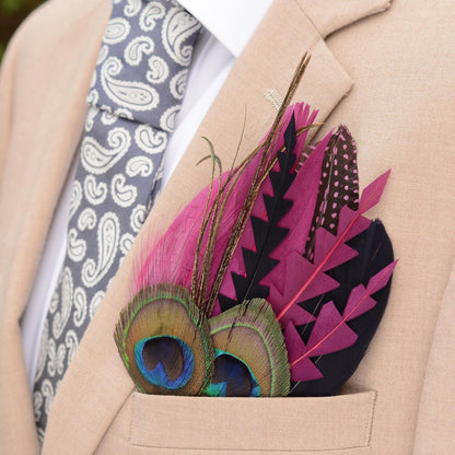 Plum Purple and Peacock Feather Pocket Square No.214 | Suit Accessory | Feather Neck Tie | Grooms Outfit | Groomsmen Gift