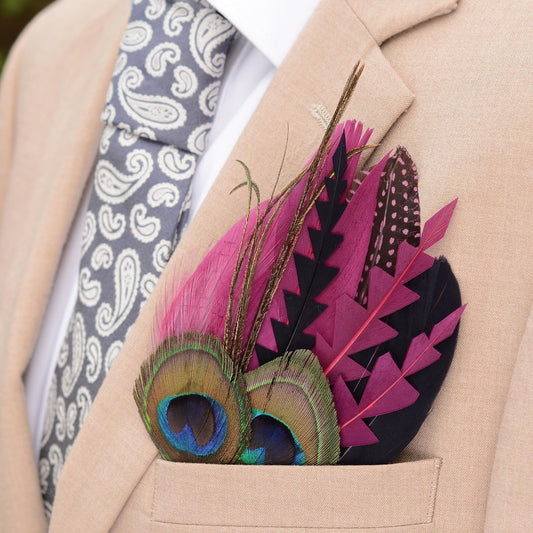 Plum Purple and Peacock Feather Pocket Square No.214 | Suit Accessory | Feather Neck Tie | Grooms Outfit | Groomsmen Gift
