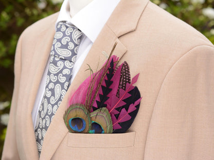 Plum Purple and Peacock Feather Pocket Square No.214 | Suit Accessory | Feather Neck Tie | Grooms Outfit | Groomsmen Gift