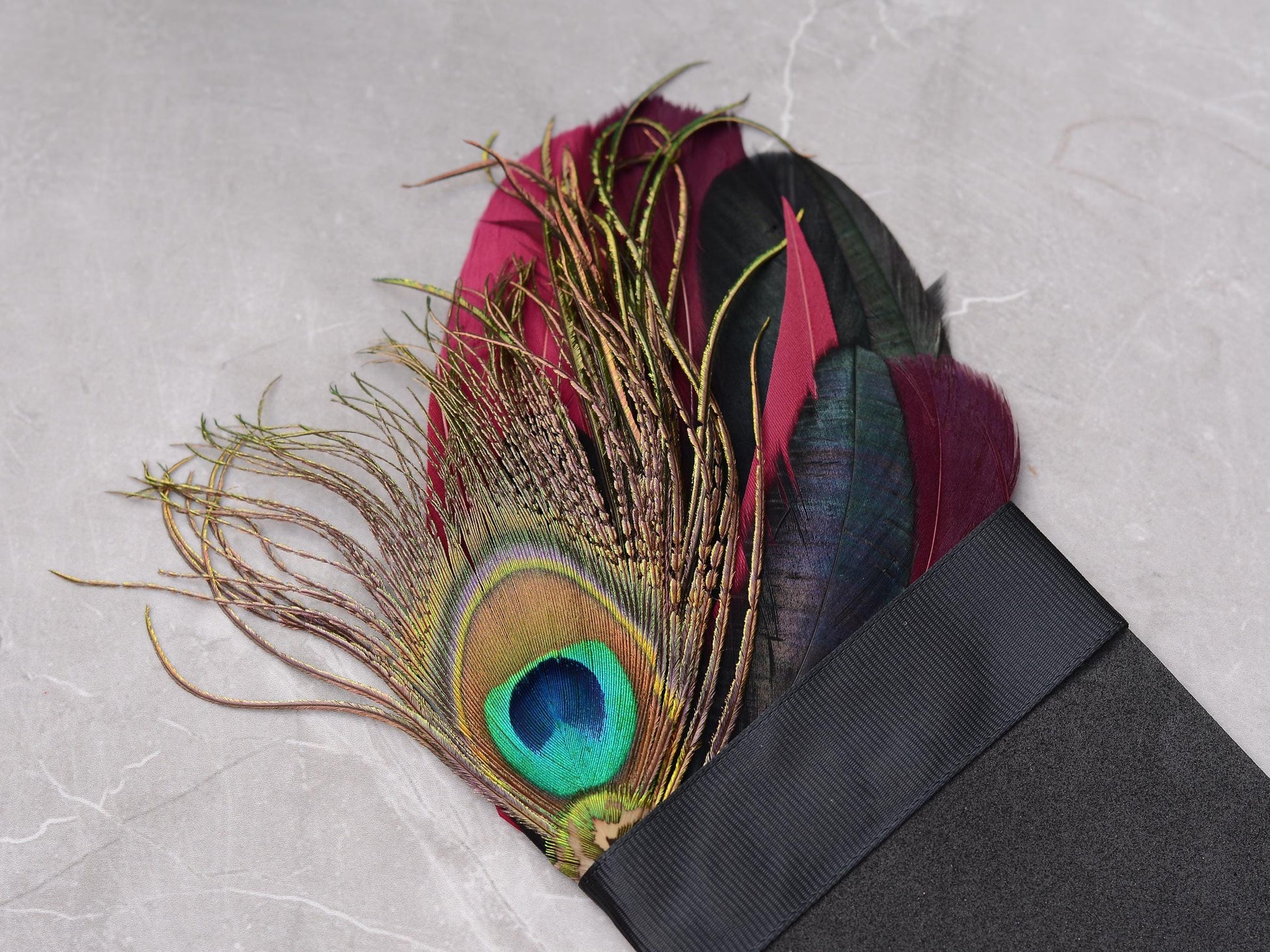 Burgundy, Black and Peacock Feather Pocket Square No.198 | Suit Accessory | Feather Neck Tie | Grooms Outfit | Groomsmen | Wedding