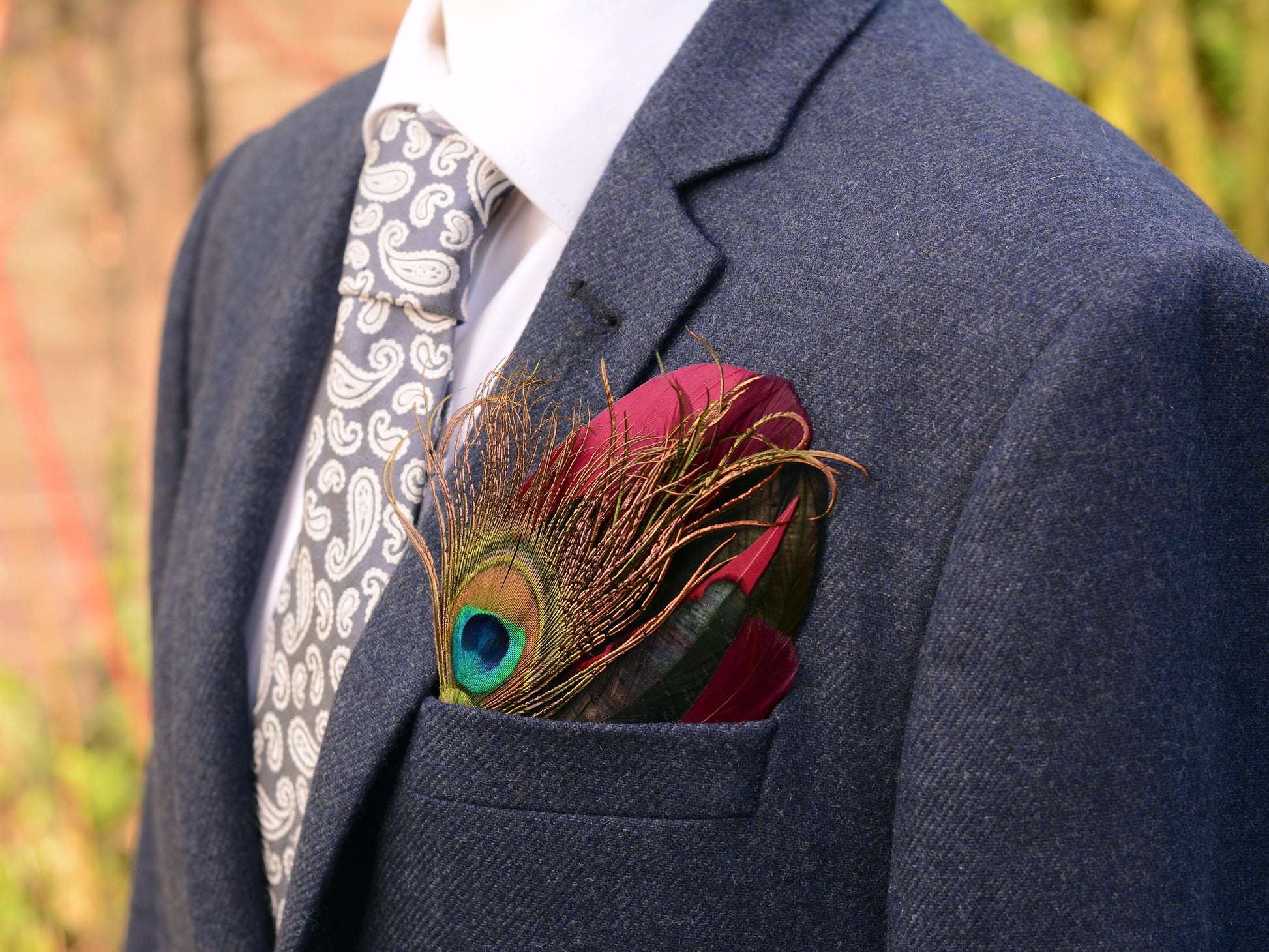 Burgundy, Black and Peacock Feather Pocket Square No.198 | Suit Accessory | Feather Neck Tie | Grooms Outfit | Groomsmen | Wedding