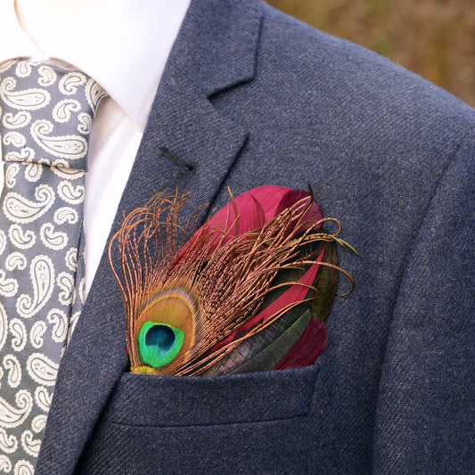 Burgundy, Black and Peacock Feather Pocket Square No.198 | Suit Accessory | Feather Neck Tie | Grooms Outfit | Groomsmen | Wedding
