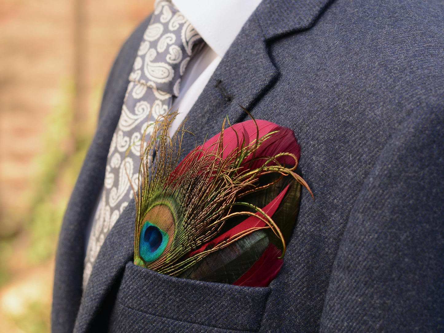 Burgundy, Black and Peacock Feather Pocket Square No.198 | Suit Accessory | Feather Neck Tie | Grooms Outfit | Groomsmen | Wedding