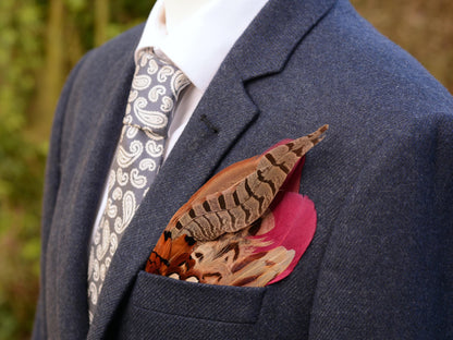 Burgundy and Copper Pheasant Feather Pocket Square No.199 | Suit Accessory | Feather Neck Tie | Grooms Outfit | Groomsmen Gift