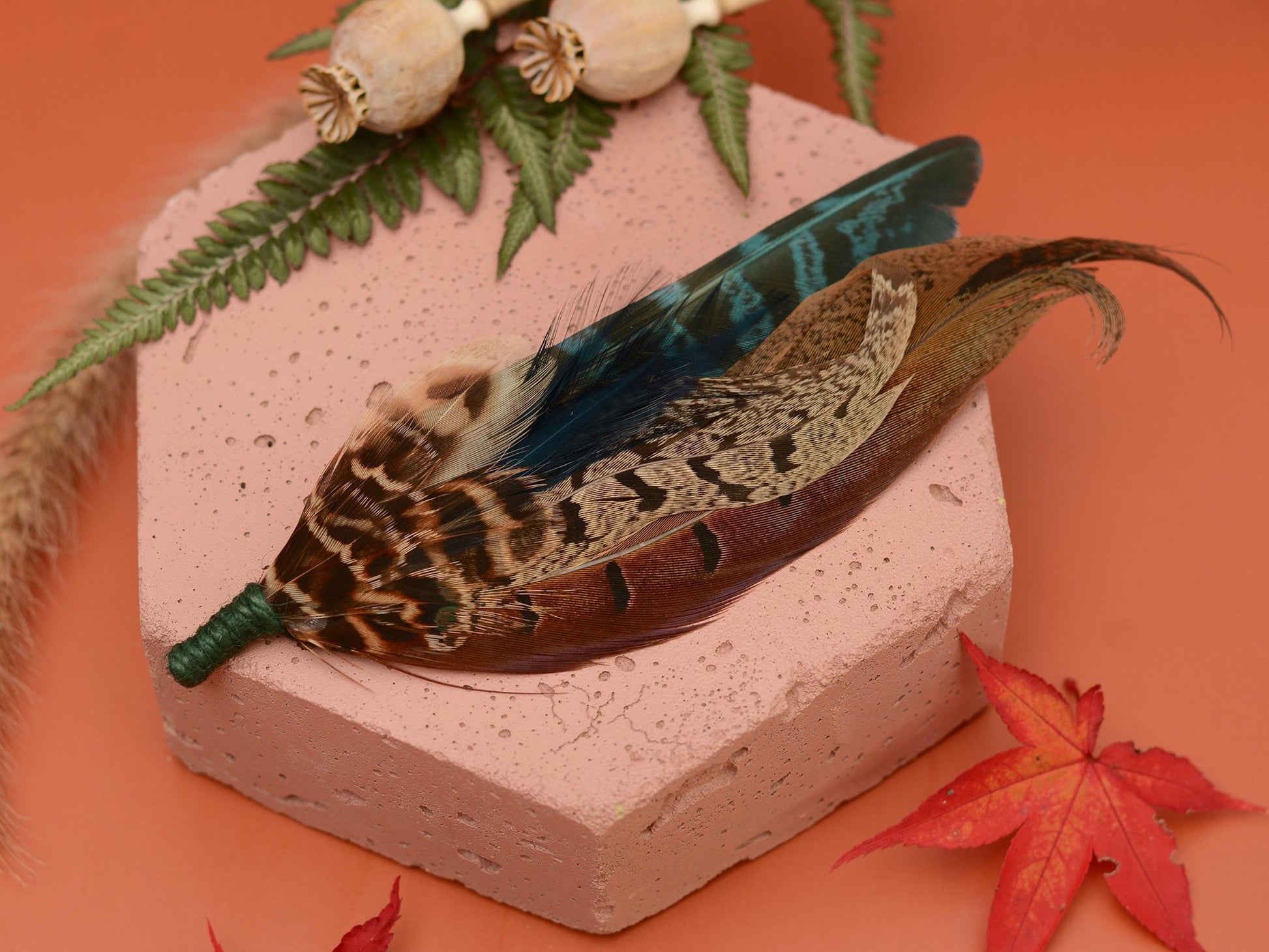 Feather Brooch Hat Pin in Natural Pheasant and Green No.302 | Unique Pheasant Feather Boutonniere
