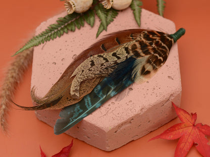 Feather Brooch Hat Pin in Natural Pheasant and Green No.302 | Unique Pheasant Feather Boutonniere