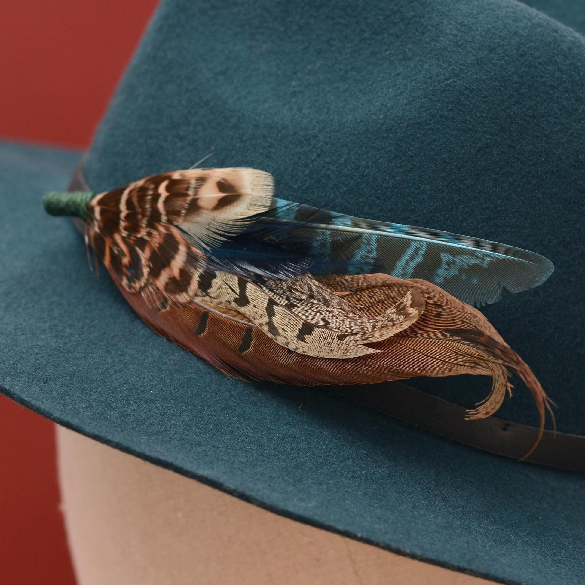 Feather Brooch Hat Pin in Natural Pheasant and Green No.302 | Unique Pheasant Feather Boutonniere