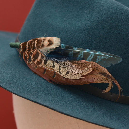 Feather Brooch Hat Pin in Natural Pheasant and Green No.302 | Unique Pheasant Feather Boutonniere