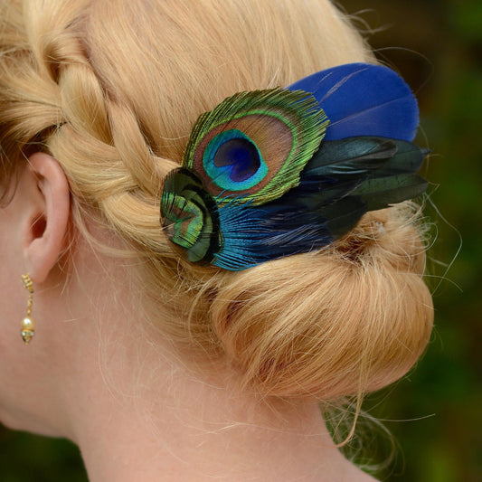 Navy Blue Peacock Feather Hair Clip | Peacock Feather Fascinator | Peacock Feather Headpiece | Bridal Hair Clip | Bridesmaid Hair Clip